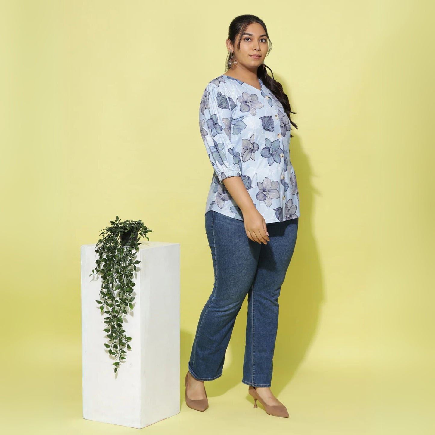 Blue Premium Cotton Blend Plus Size Top with V Neck