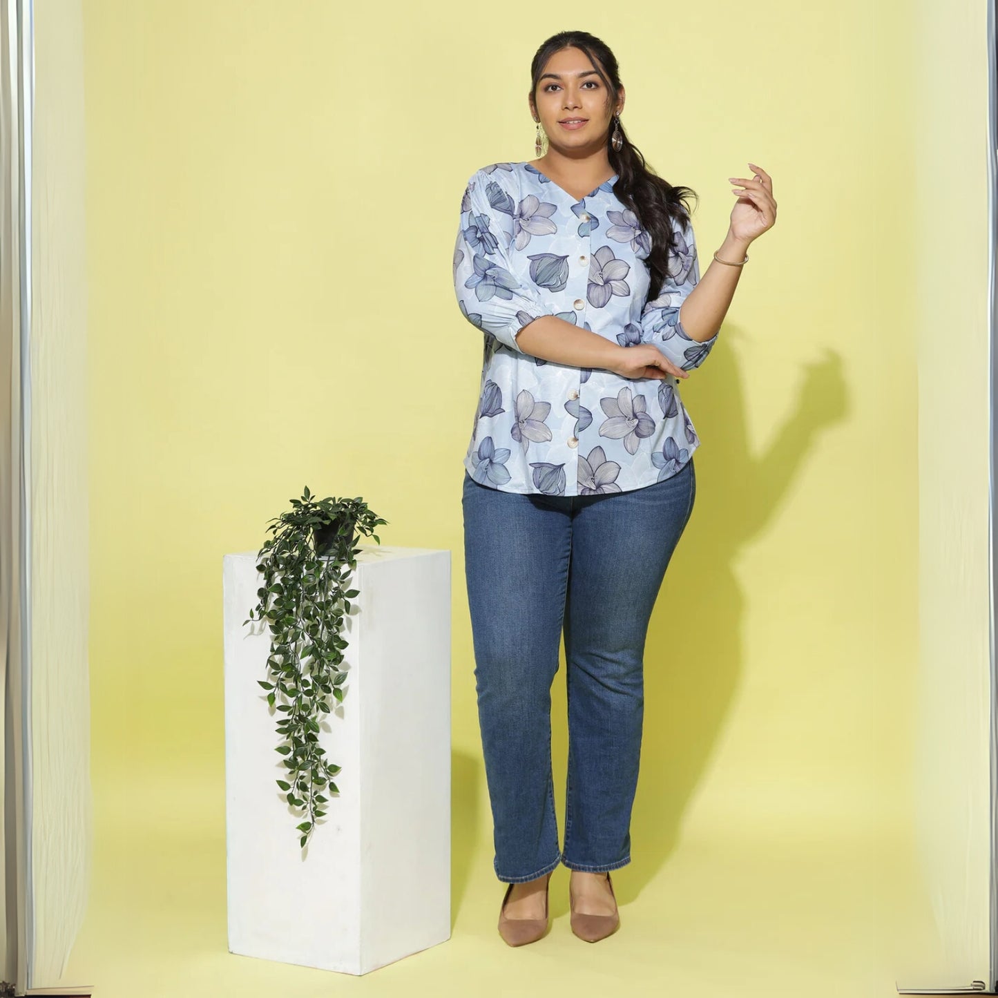 Blue Premium Cotton Blend Plus Size Top with V Neck