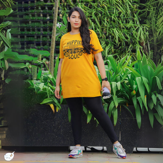 Mustard Yellow Printed Long T-Shirt for Women Crafted for Style