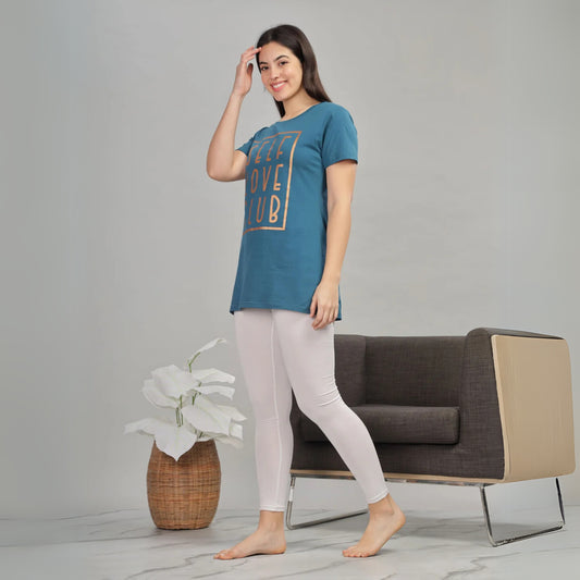 Petrol Blue Long T-Shirt for Women Ideal for Yoga and Lounge Wear