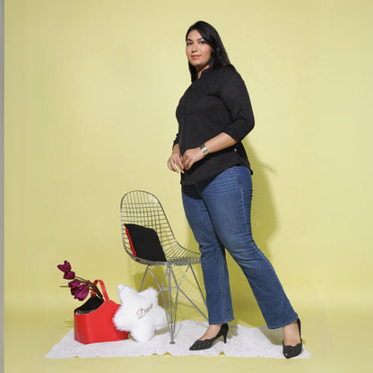 Black Cotton Blend Plus Size Top with Mandarin Neck