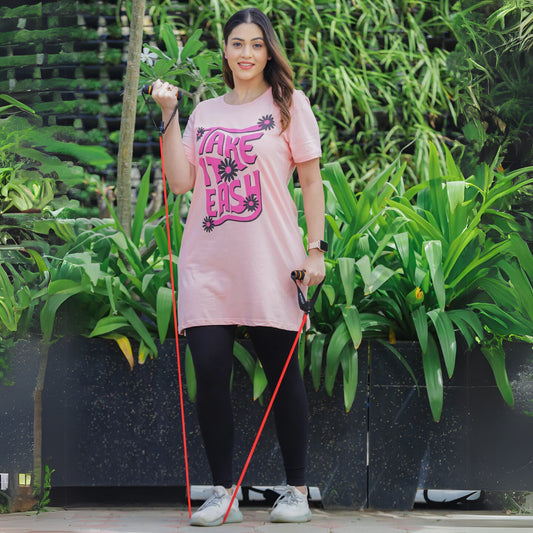 Light Pink Casual Long T-Shirt for Women with Side Pocket