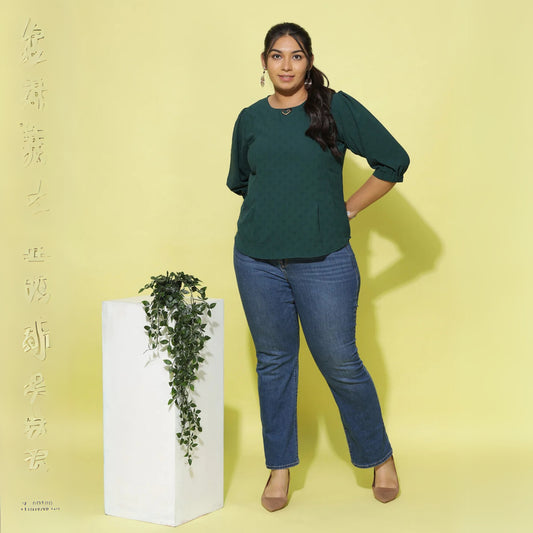 Bottle Green Polyester Blend Plus Size Top with Round Neck