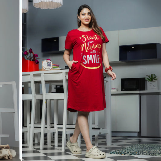 Soft Cotton Ruby Red Printed Short Nightdress for Women