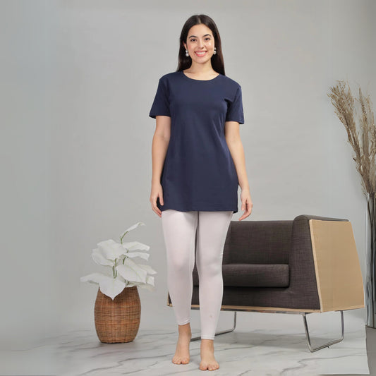 Navy Blue Long Cotton T-Shirt for Women with Side Slits