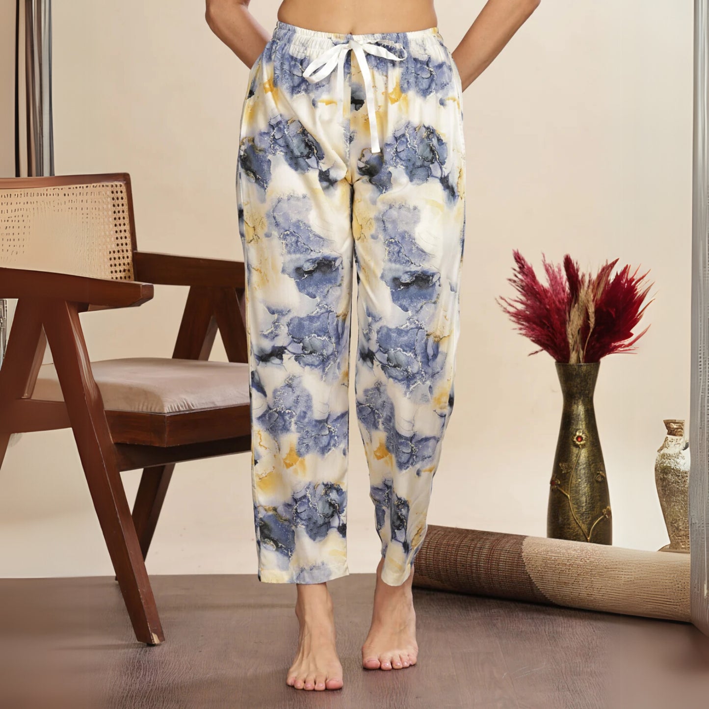 Blue Cloud Rayon Palazzo Pants for Women with Relaxed Fit and Pockets