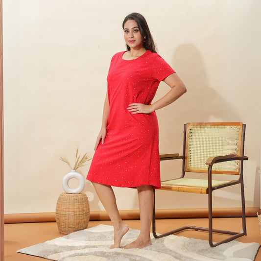 Solid Red Cotton Plus Size Short Nighty for Comfortable Lounging