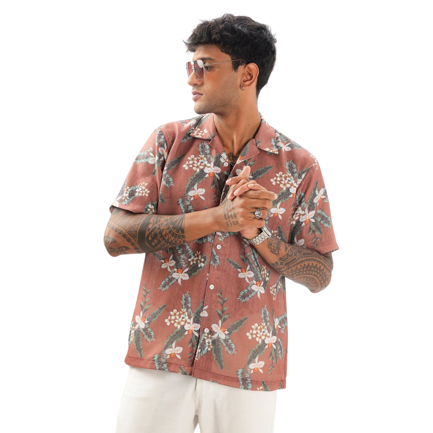 Brown Floral Printed Linen Shirt