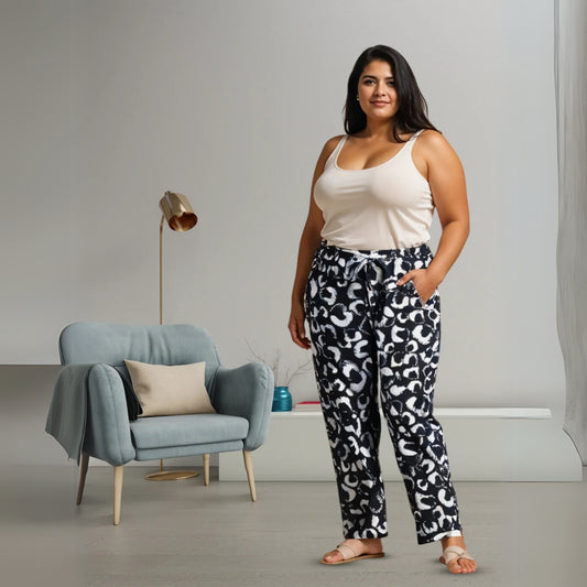 Black and White Palazzo Pants for Women with Elegant Abstract Prints