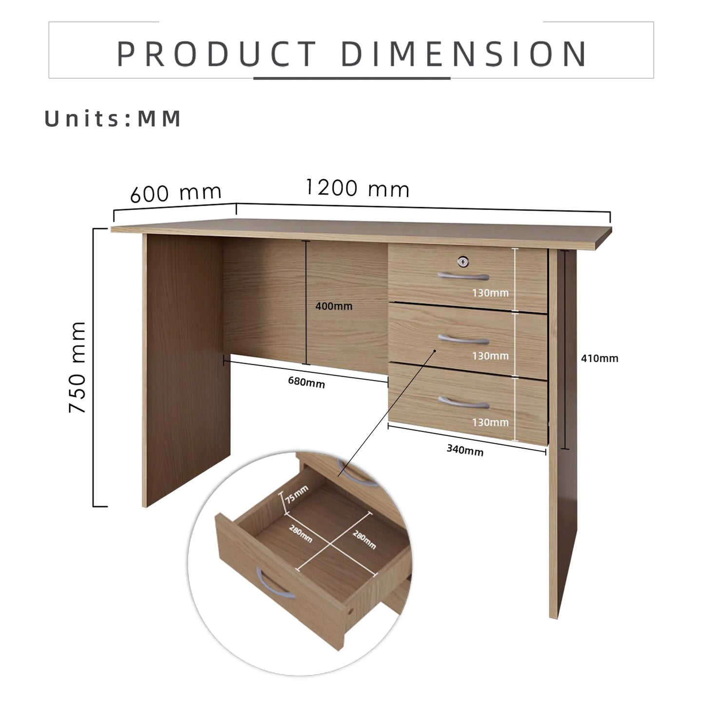 4FT Writing Table Solid Board with 1 Locker + 2 Drawers White (120CM x 60CM x 75CM)
