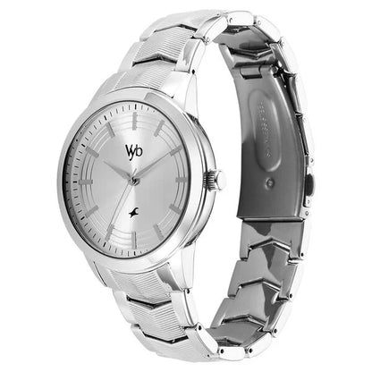 Fastrack Vyb Atlas Quartz Analog Silver Dial Silver Metal Strap Watch For Guys