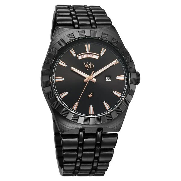 Fastrack Vyb Orion Quartz Analog Black Dial Black Color Metal Strap Watch For Guys