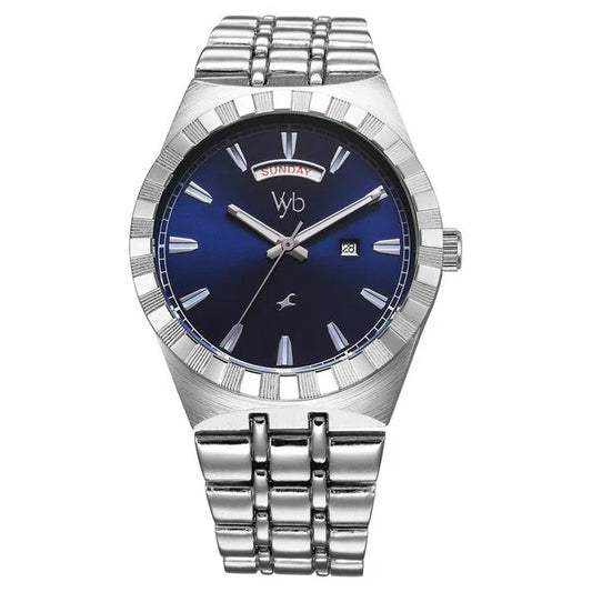 Fastrack Vyb Orion Quartz Analog Blue Dial Silver Color Metal Strap Watch For Guys