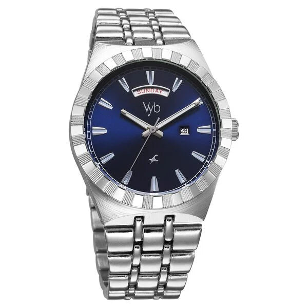 Fastrack Vyb Orion Quartz Analog Blue Dial Silver Color Metal Strap Watch For Guys