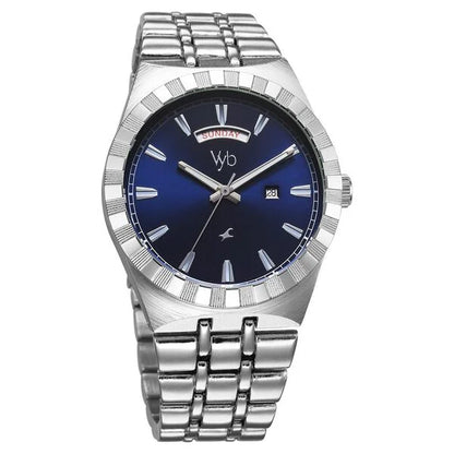 Fastrack Vyb Orion Quartz Analog Blue Dial Silver Color Metal Strap Watch For Guys