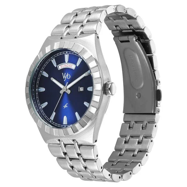 Fastrack Vyb Orion Quartz Analog Blue Dial Silver Color Metal Strap Watch For Guys