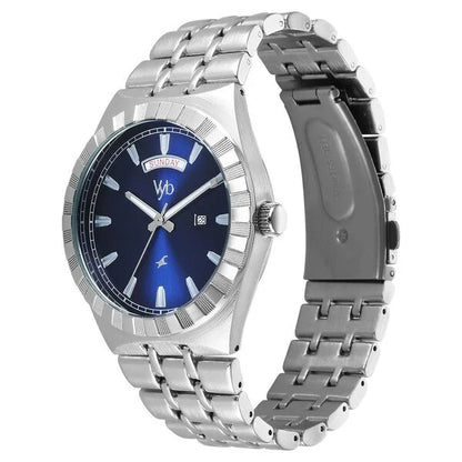 Fastrack Vyb Orion Quartz Analog Blue Dial Silver Color Metal Strap Watch For Guys