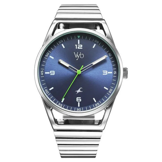 Fastrack Vyb Horizon Quartz Analog Blue Dial Silver Metal Strap Watch For Guys