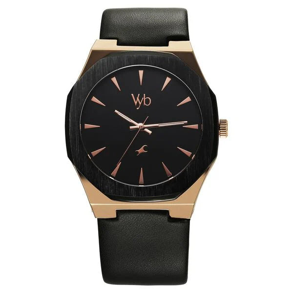 Fastrack Vyb Challenger Quartz Analog Black Dial Black Color Leather Strap Watch For Guys