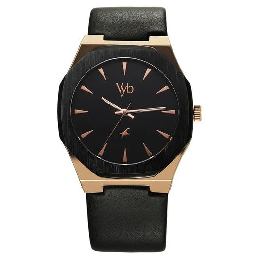 Fastrack Vyb Challenger Quartz Analog Black Dial Black Color Leather Strap Watch For Guys
