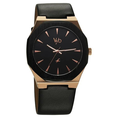 Fastrack Vyb Challenger Quartz Analog Black Dial Black Color Leather Strap Watch For Guys