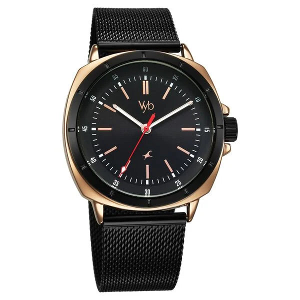 Fastrack Vyb Pioneer Quartz Analog Black Dial Black Metal Strap Watch For Guys