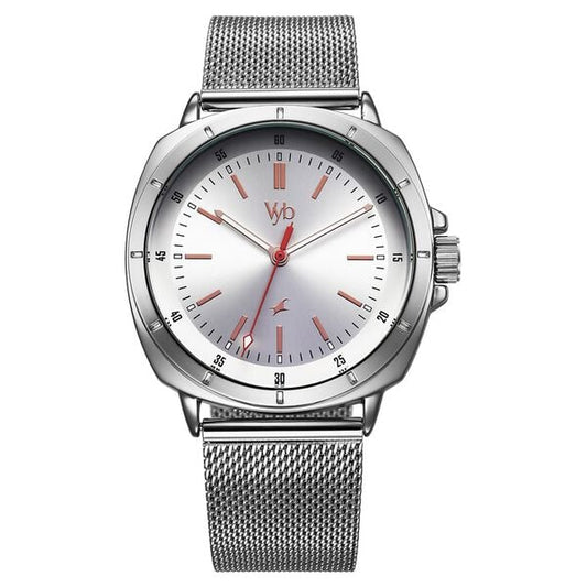 Fastrack Vyb Pioneer Quartz Analog Silver Dial Silver Metal Strap Watch For Guys