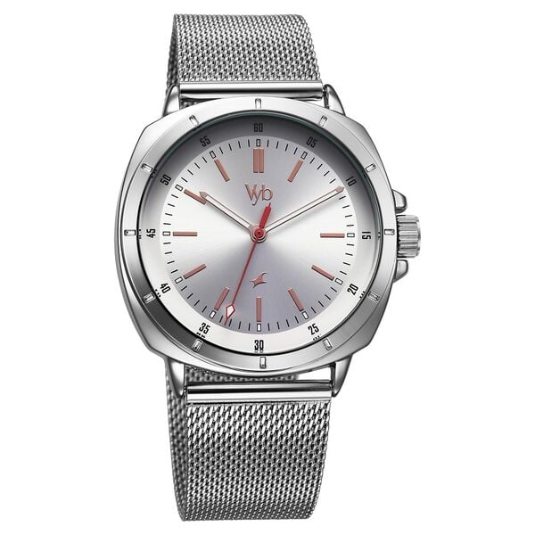Fastrack Vyb Pioneer Quartz Analog Silver Dial Silver Metal Strap Watch For Guys