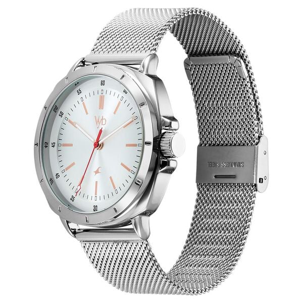 Fastrack Vyb Pioneer Quartz Analog Silver Dial Silver Metal Strap Watch For Guys