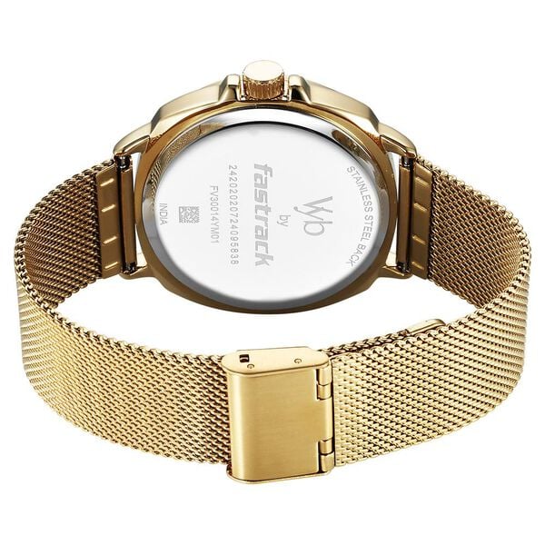 Fastrack Vyb Pioneer Quartz Analog Silver Dial Golden Metal Strap Watch For Guys