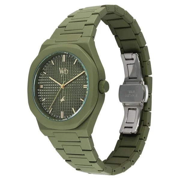Vyb Hustler By Fastrack Quartz Analog Green Dial Metal Strap Watch For Guys