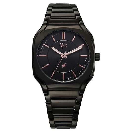 Vyb Maverick By Fastrack Quartz Analog Black Dial Metal Strap Watch For Guys