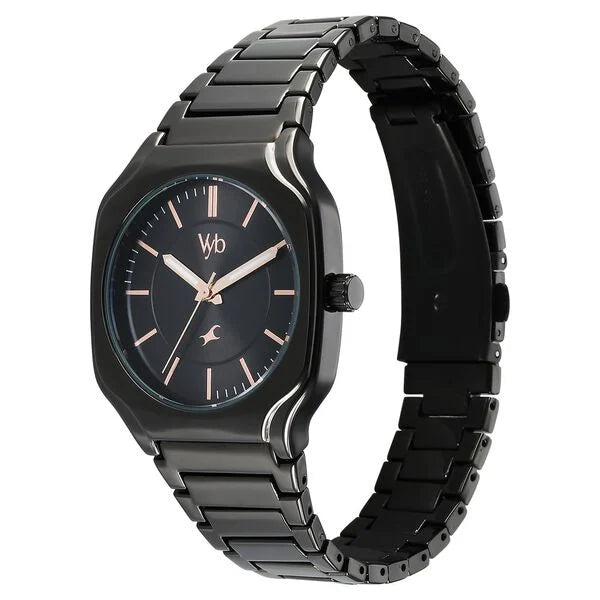 Vyb Maverick By Fastrack Quartz Analog Black Dial Metal Strap Watch For Guys