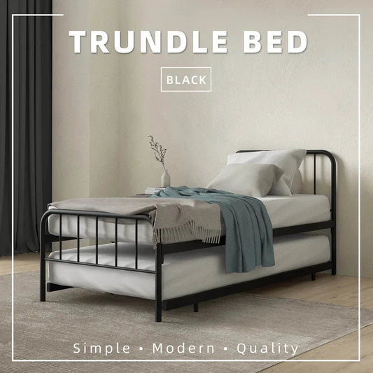 Single Day Bed Metal + Pull Out Trundle/ Black Colour (L89cm x W198cm x H90cm)