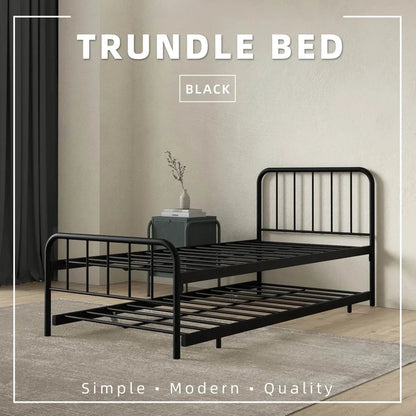 Single Day Bed Metal + Pull Out Trundle/ Black Colour (L89cm x W198cm x H90cm)