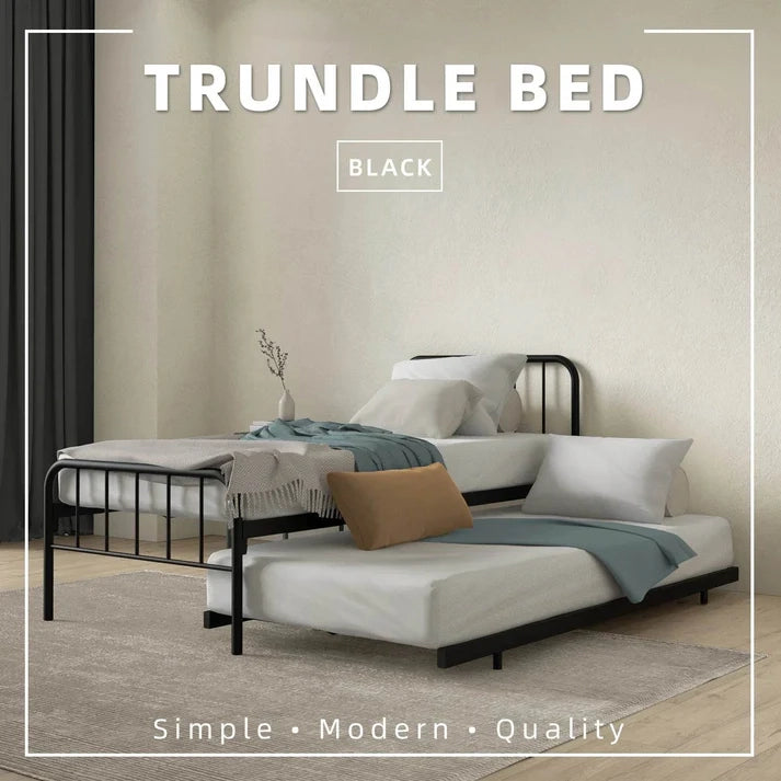 Single Day Bed Metal + Pull Out Trundle/ Black Colour (L89cm x W198cm x H90cm)