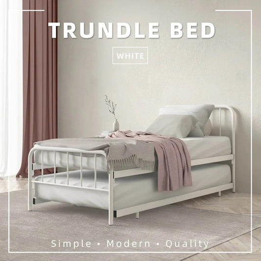 Single Day Bed Metal + Pull Out Trundle/ White Colour (L89cm x W198cm x H90cm)