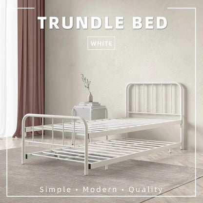 Single Day Bed Metal + Pull Out Trundle/ White Colour (L89cm x W198cm x H90cm)