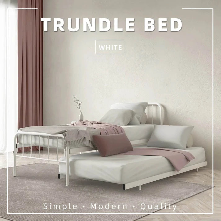 Single Day Bed Metal + Pull Out Trundle/ White Colour (L89cm x W198cm x H90cm)