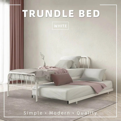 Single Day Bed Metal + Pull Out Trundle/ White Colour (L89cm x W198cm x H90cm)