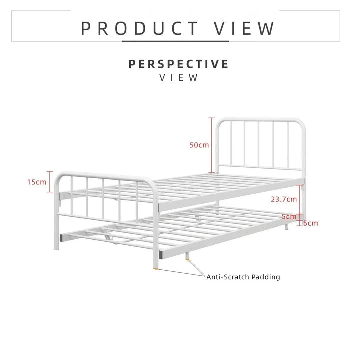 Single Day Bed Metal + Pull Out Trundle/ White Colour (L89cm x W198cm x H90cm)