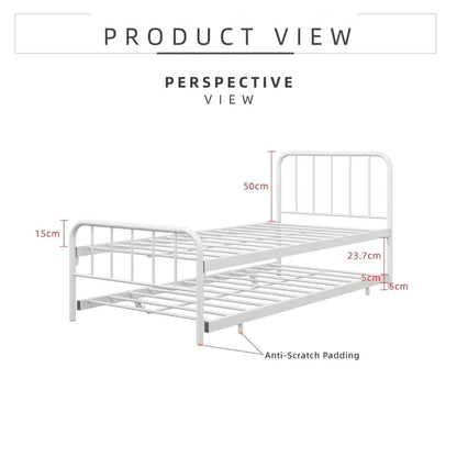 Single Day Bed Metal + Pull Out Trundle/ White Colour (L89cm x W198cm x H90cm)