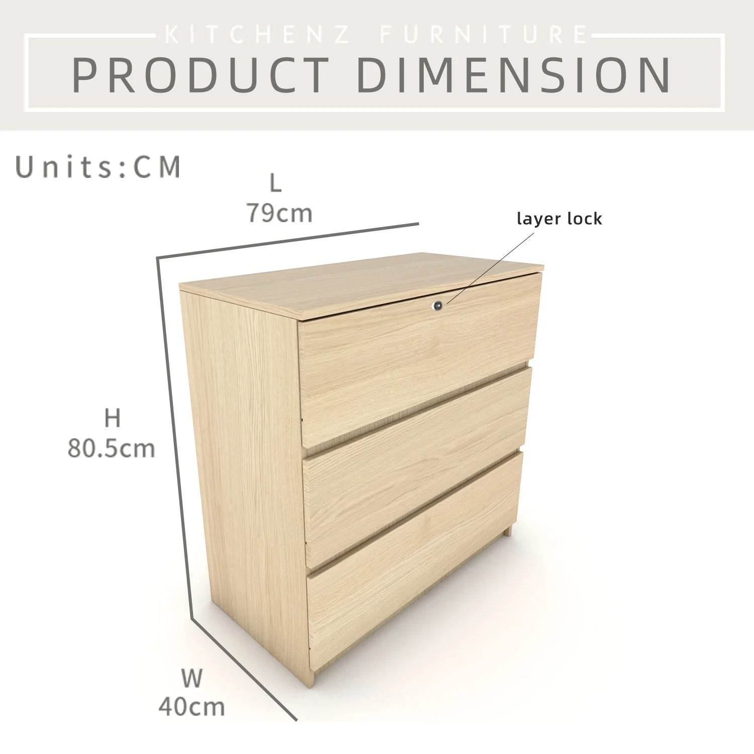 3 Layer Chest Drawer with Lock / White Colour (L79cm x W40cm x H80cm) - Thebrands