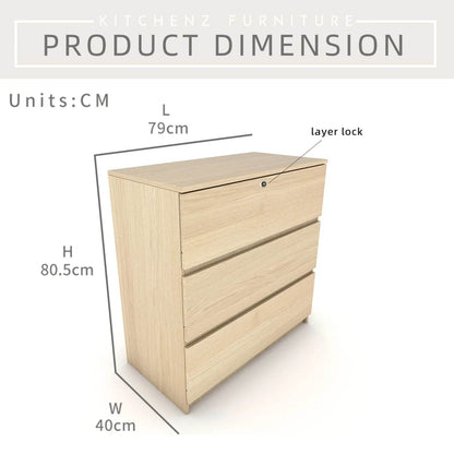 3 Layer Chest Drawer with Lock / White Colour (L79cm x W40cm x H80cm) - Thebrands