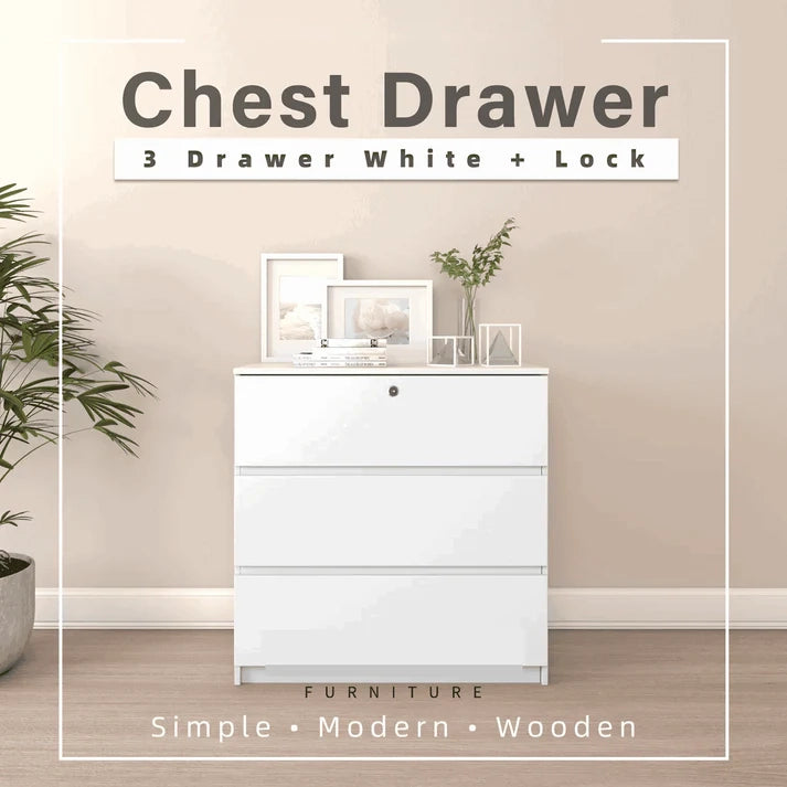 3 Layer Chest Drawer with Lock / White Colour (L79cm x W40cm x H80cm)