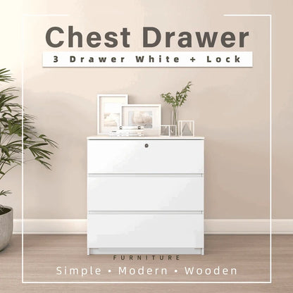 3 Layer Chest Drawer with Lock / White Colour (L79cm x W40cm x H80cm)