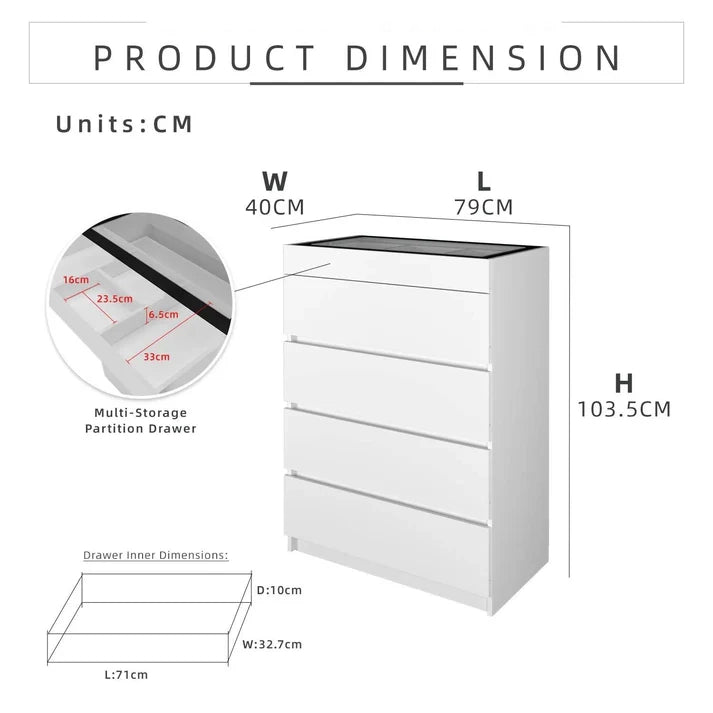 4 Layers Chest Drawer / White Colour (L79cm x W40cm x H103.5cm)