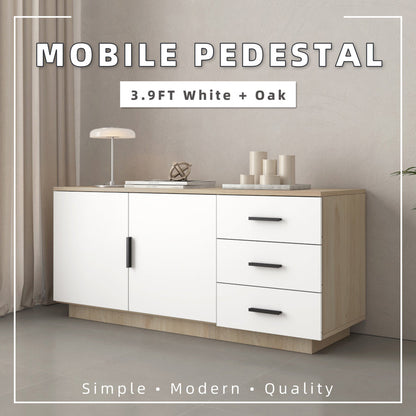 Mobile Pedestal Display Cabinet  - Natural Oak + White
