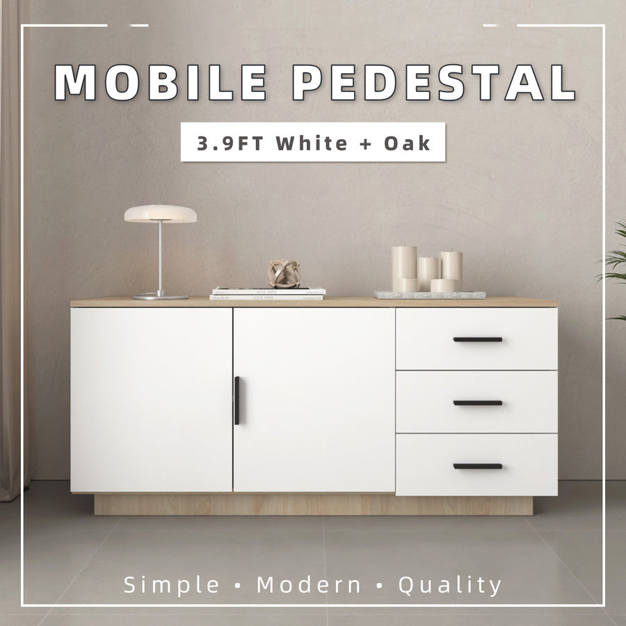 Mobile Pedestal Display Cabinet  - Natural Oak + White