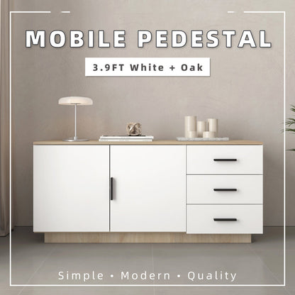 Mobile Pedestal Display Cabinet  - Natural Oak + White